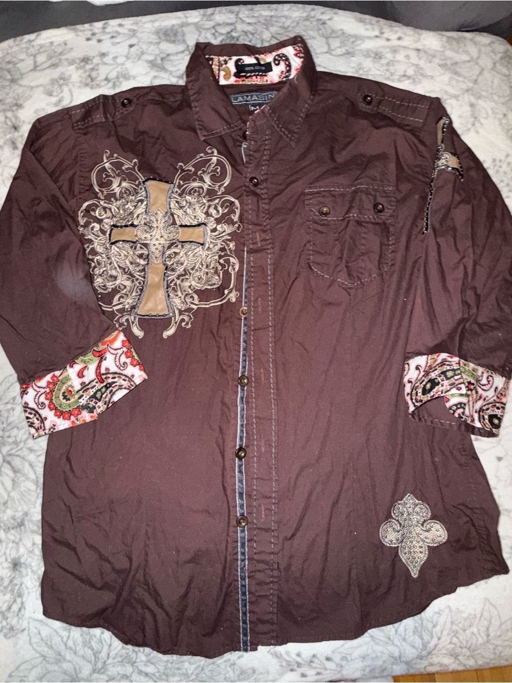 Men's Brown Embroidered Dress Shirt with Decorative Cross studded cowboy rodeo